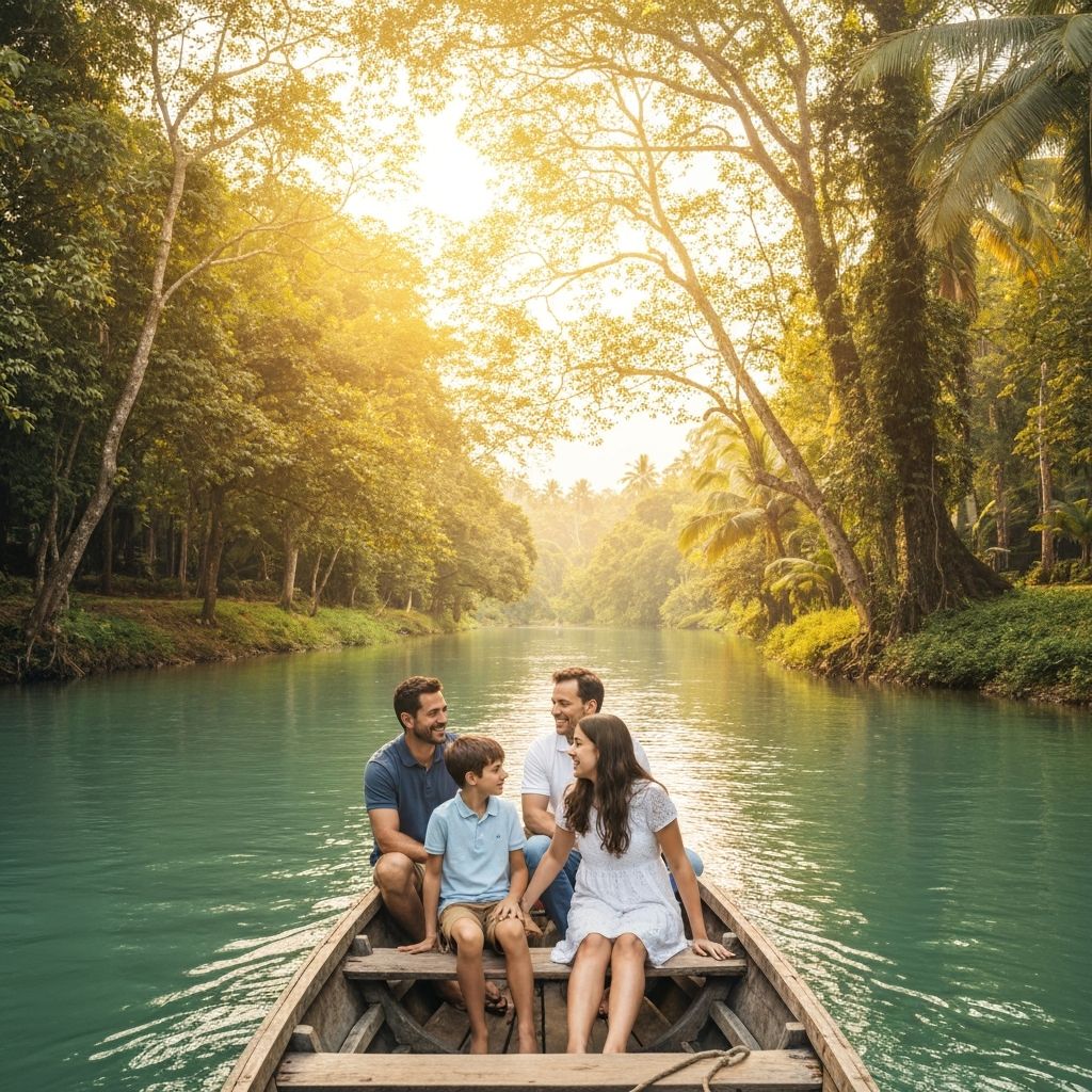 Family enjoying a peaceful boat ride on a Sri Lankan river