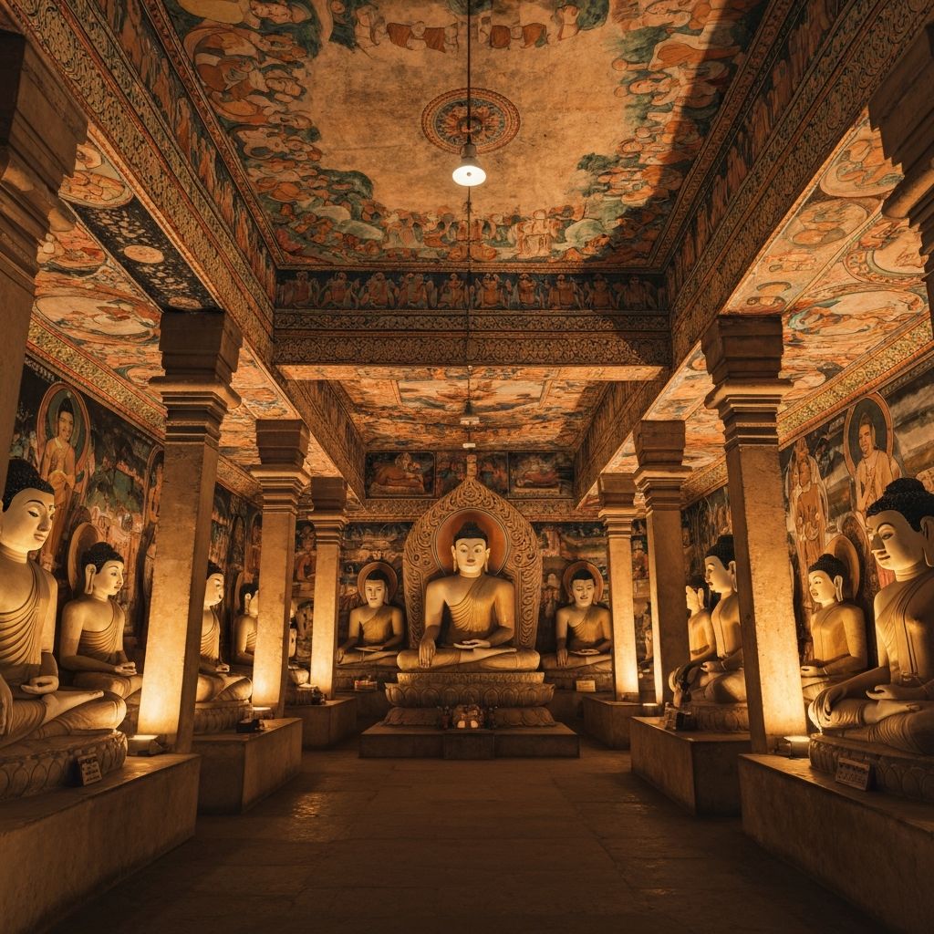 Ancient Buddha statues inside Dambulla Cave Temple