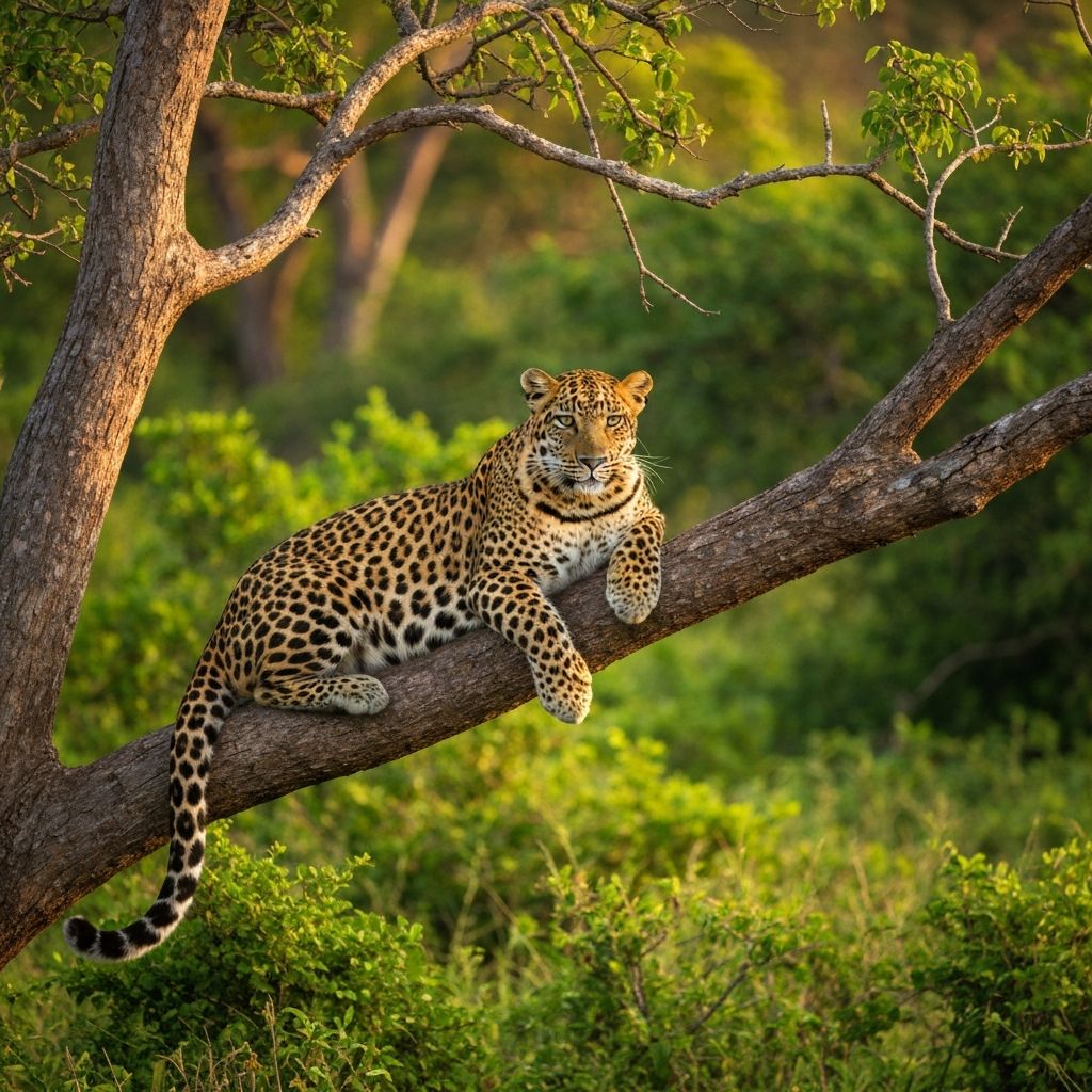 Sri Lankan leopard resting on tree branch in Yala National Park