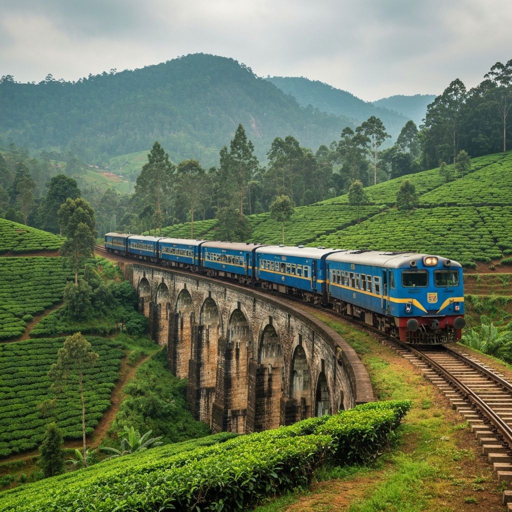 Blue scenic train crossing Nine Arch Bridge in Ella