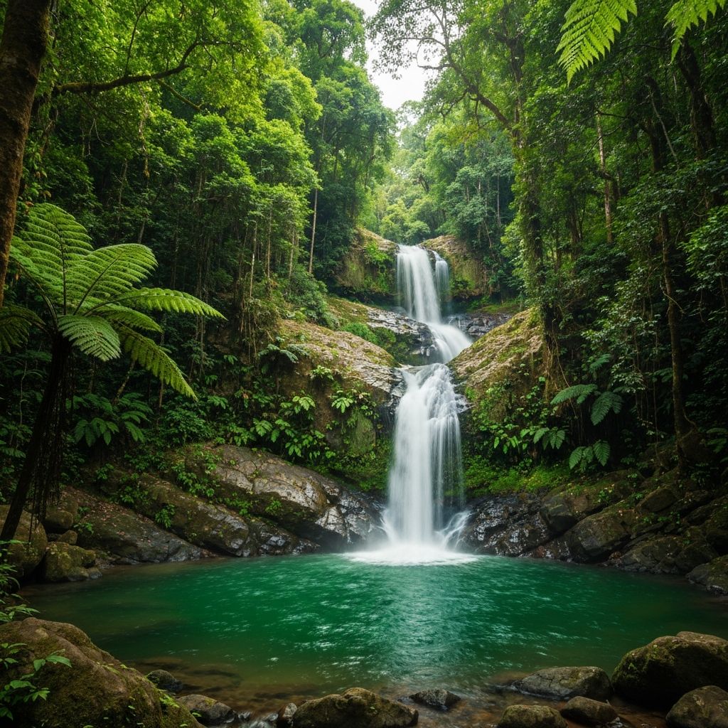 Hidden waterfall in Sri Lankan tropical rainforest